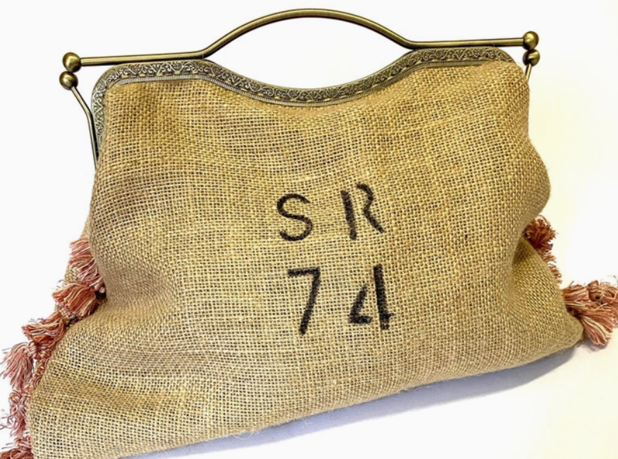 SOLE RODRIGUEZ SR74 Tassled Shabby Chic Handmade Hand Crafted Yuta Bassoon Purse Bag, with Trimmings and SR74 Print Design