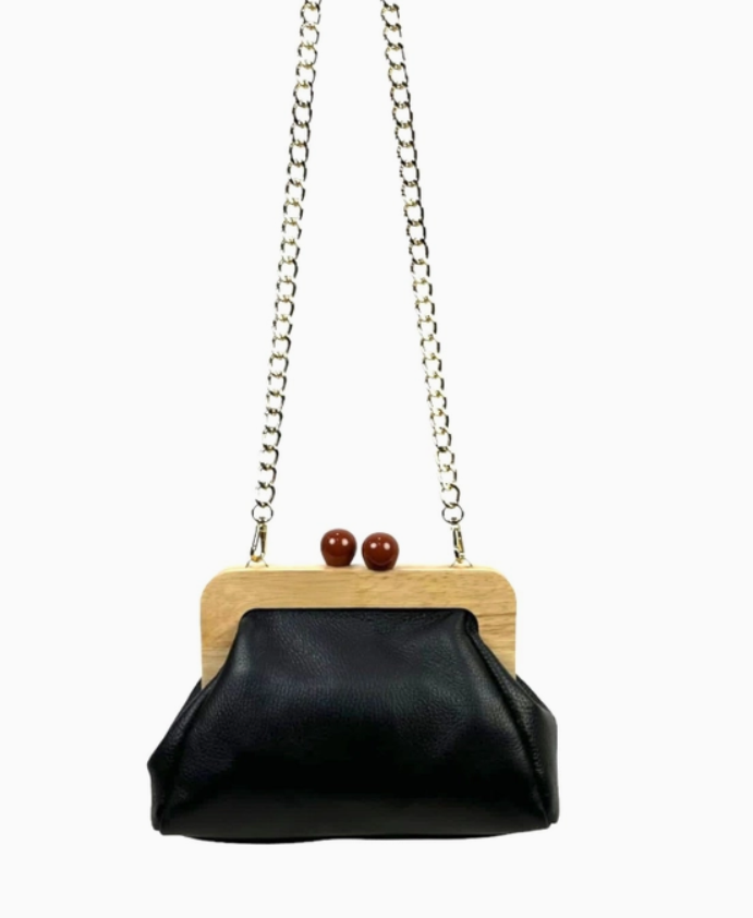 CHENSON & GORETT Women's Black Italian Leather Bag with Click Closure in Wood