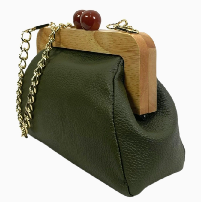 CHENSON & GORETT Women's Black Italian Leather Bag with Click Closure in Wood