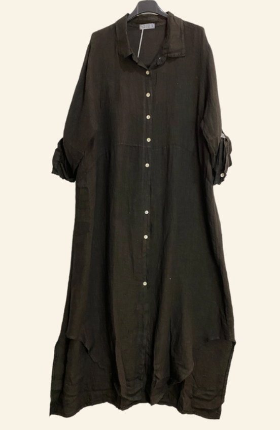 LINEN AND COTTON HOUSE Boho Long Sleeve Maxi Ladies Shirt Dress in 100% Linen Spring Summer Clothing Colour Persimmon Green