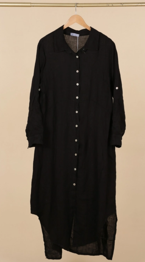 LINEN AND COTTON HOUSE Boho Long Sleeve Maxi Ladies Shirt Dress in 100% Linen Spring Summer Clothing NAVY