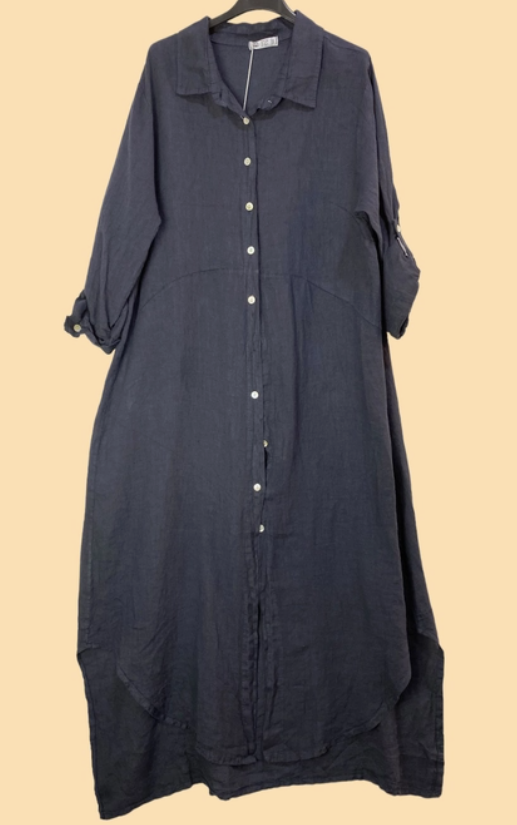 LINEN AND COTTON HOUSE Boho Long Sleeve Maxi Ladies Shirt Dress in 100% Linen Spring Summer Clothing NAVY