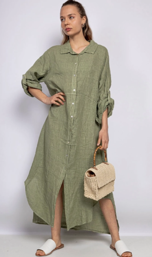 LINEN AND COTTON HOUSE Boho Long Sleeve Maxi Ladies Shirt Dress in 100% Linen Spring Summer Clothing Colour Persimmon Green