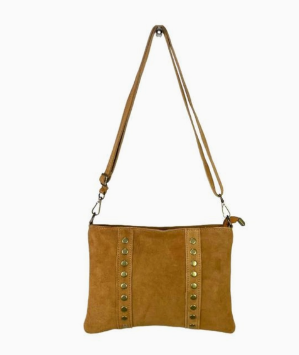 CHENSON & GORETT Brown Suede Italian Leather Shoulder Bag with Studs. Colour Brown