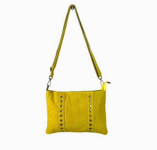 CHENSON & GORETT Yellow Suede Italian Leather Shoulder Bag with Studs.