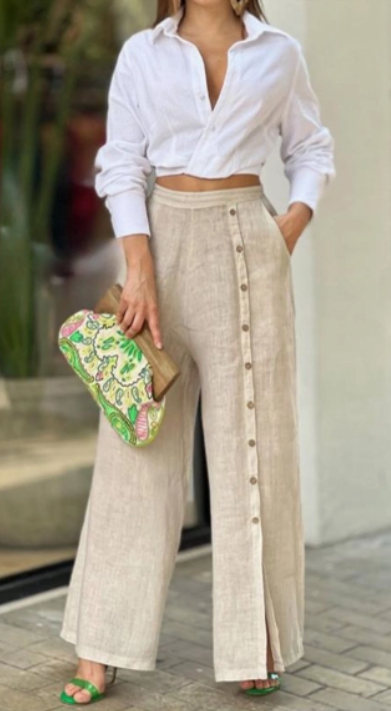 LES MAISO DES FIBRES NATURELLE 100% Linen Side Button Pants Colour White One Size