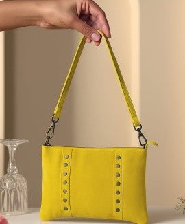 CHENSON & GORETT Brown Suede Italian Leather Shoulder Bag with Studs. Colour Brown