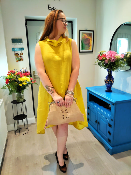 CECILE WANG 100% Linen Short Sleeveless Garden Party Dress; Colour ;MUSTARD / Yellow