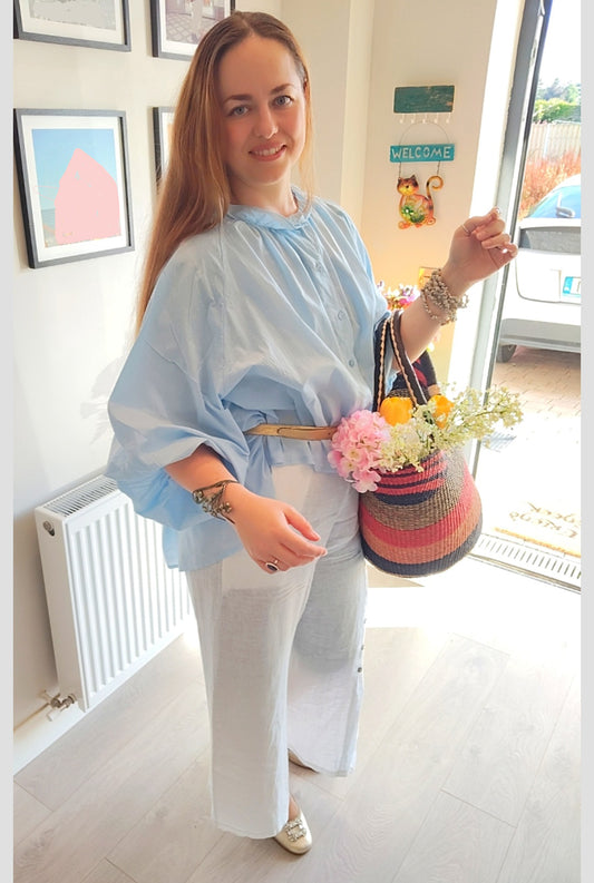 LINEN & COTTON HOUSE 100% Cotton Summer/Fall Clothing Blouse Colour Blue