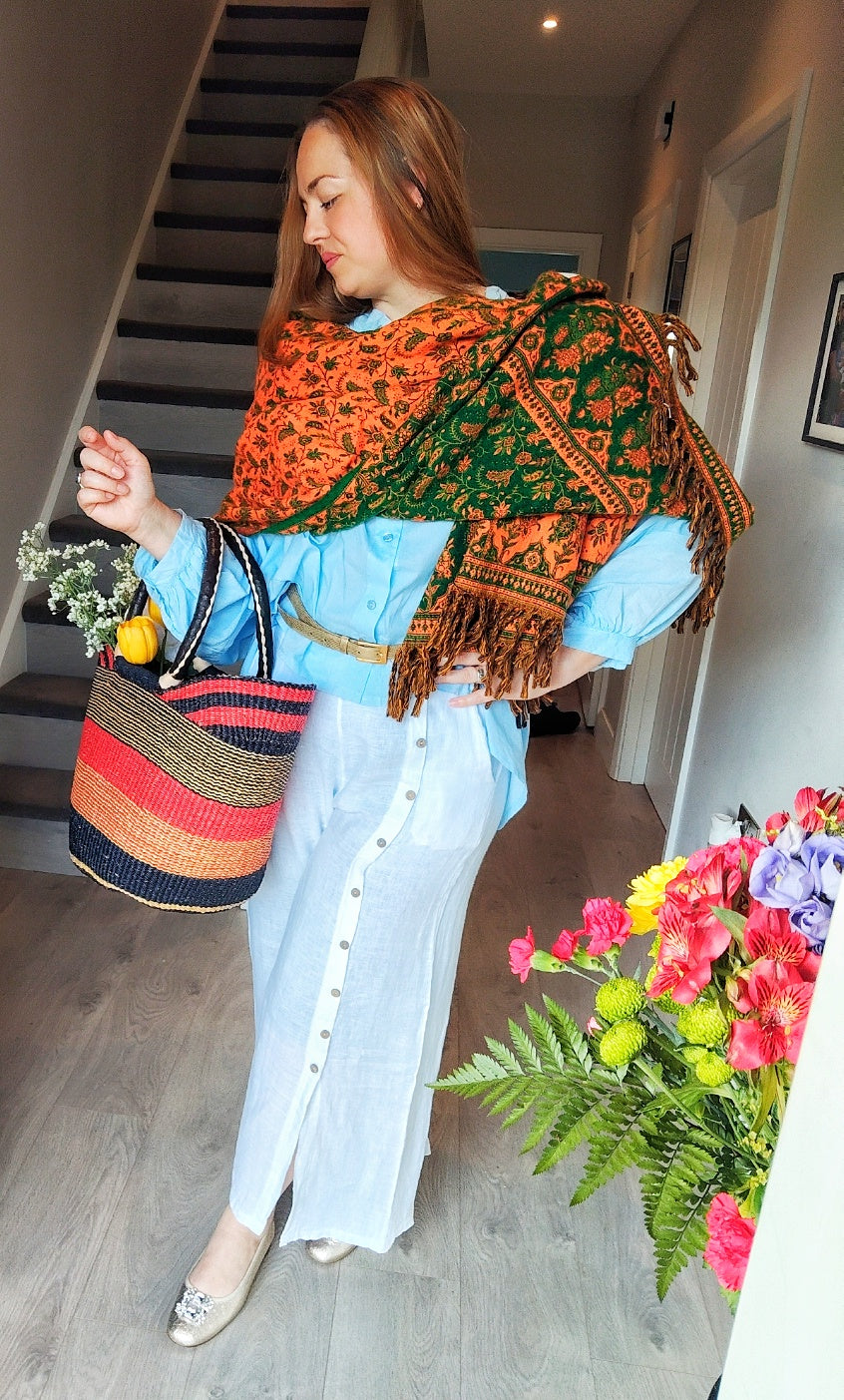 Medium U-Multi Colour Shopper Ghana Natural Tote Bag/Bolga Basket 13-14" Across - Black &amp; Tan