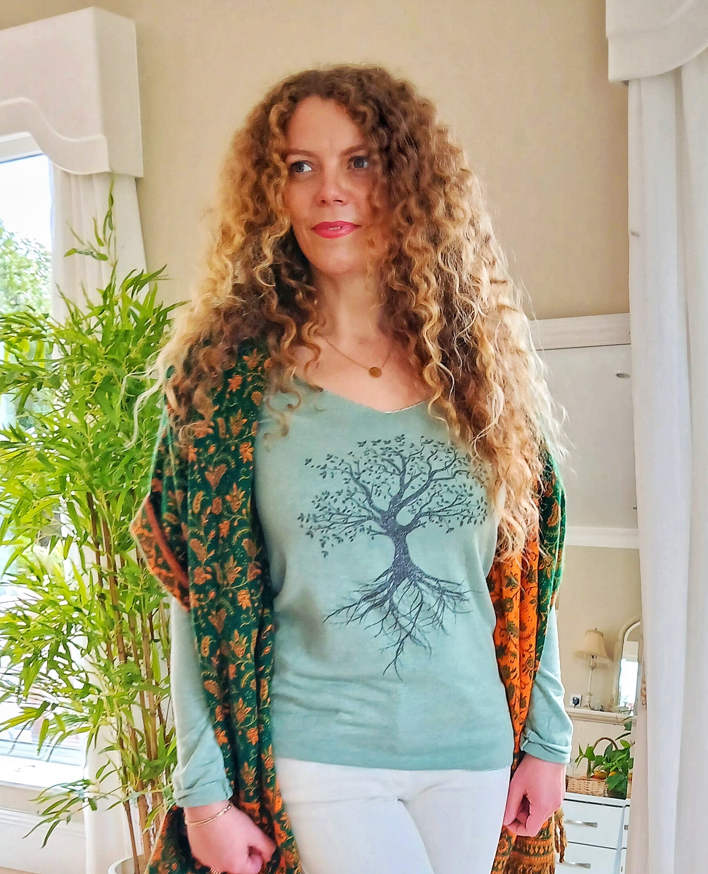 Angora Lurex Wool Sweater.  Tree of Life Long Sleeve Shirt Colour CELADON /Green One Size