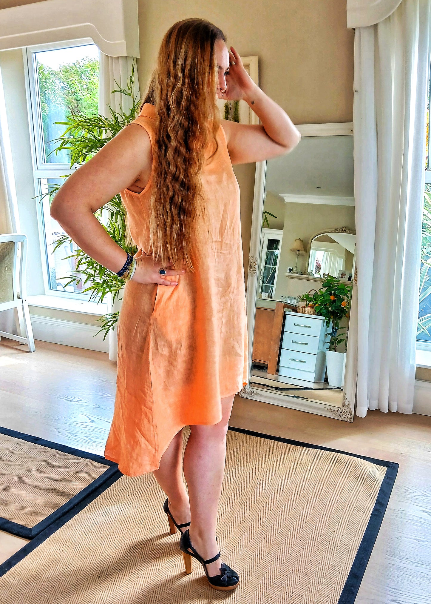 CECILE WANG 100% Linen Short Sleeveless Garden Party Dress; Colour ; Orange/Mango