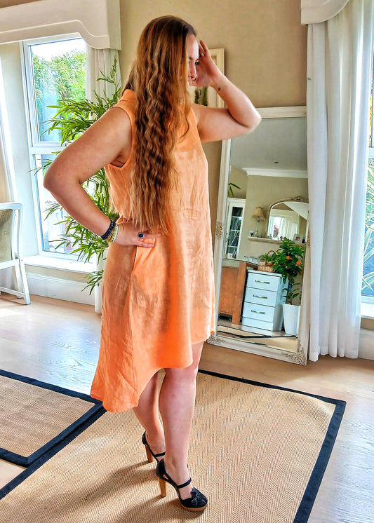 CECILE WANG 100% Linen Short Sleeveless Garden Party Dress; Colour ; Orange/Mango