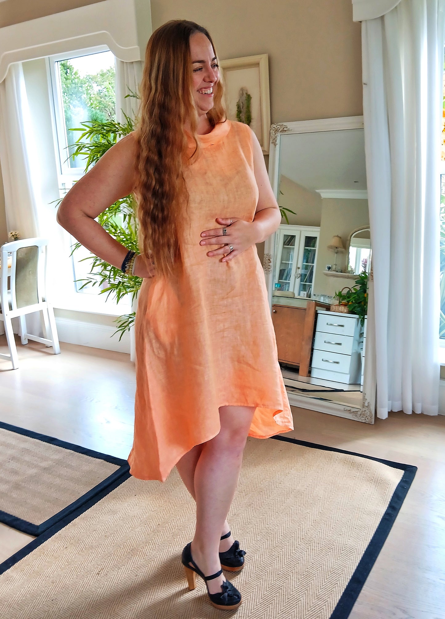 CECILE WANG 100% Linen Short Sleeveless Garden Party Dress; Colour ; Orange/Mango