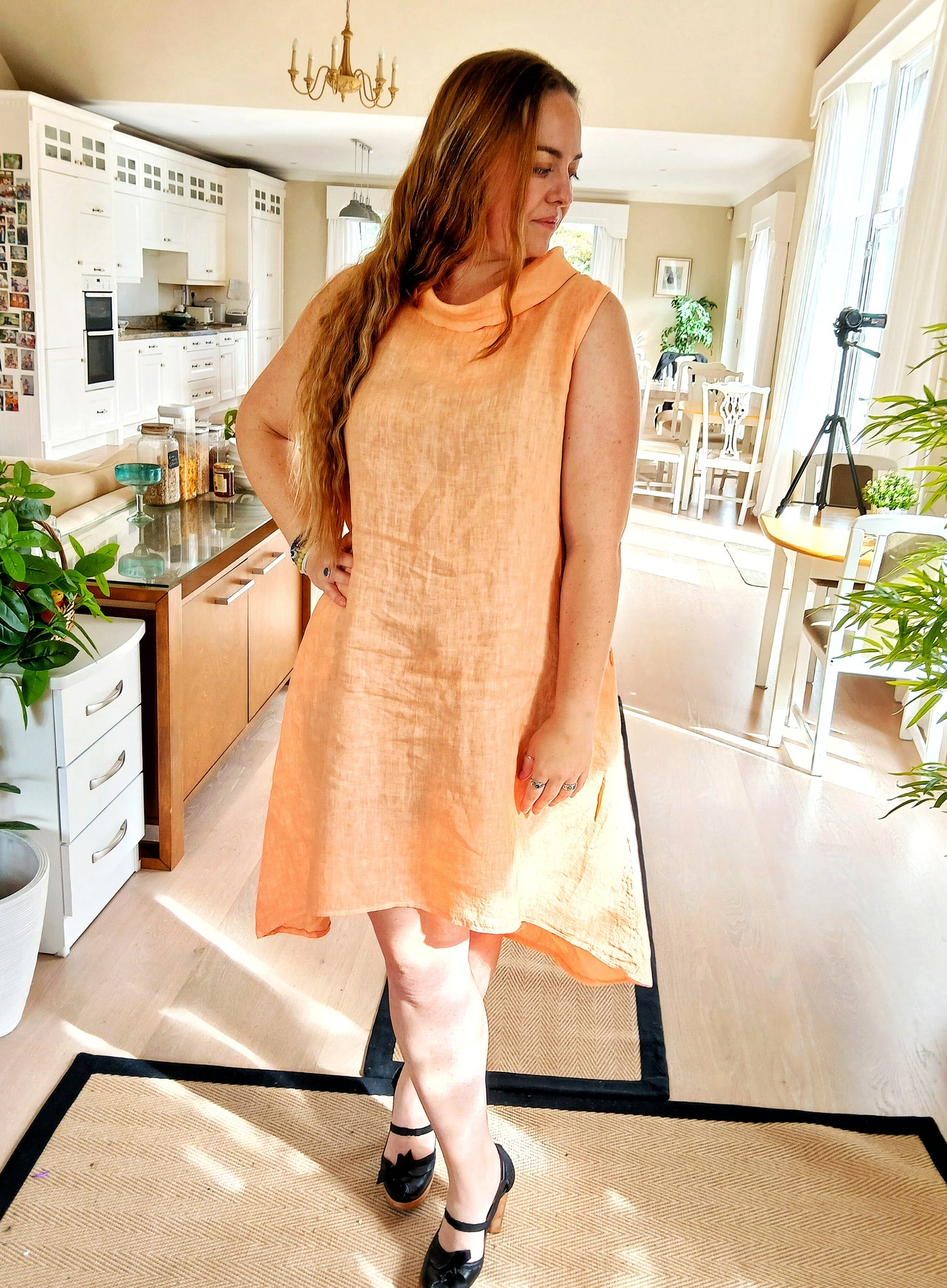 CECILE WANG 100% Linen Short Sleeveless Garden Party Dress; Colour ; Orange/Mango