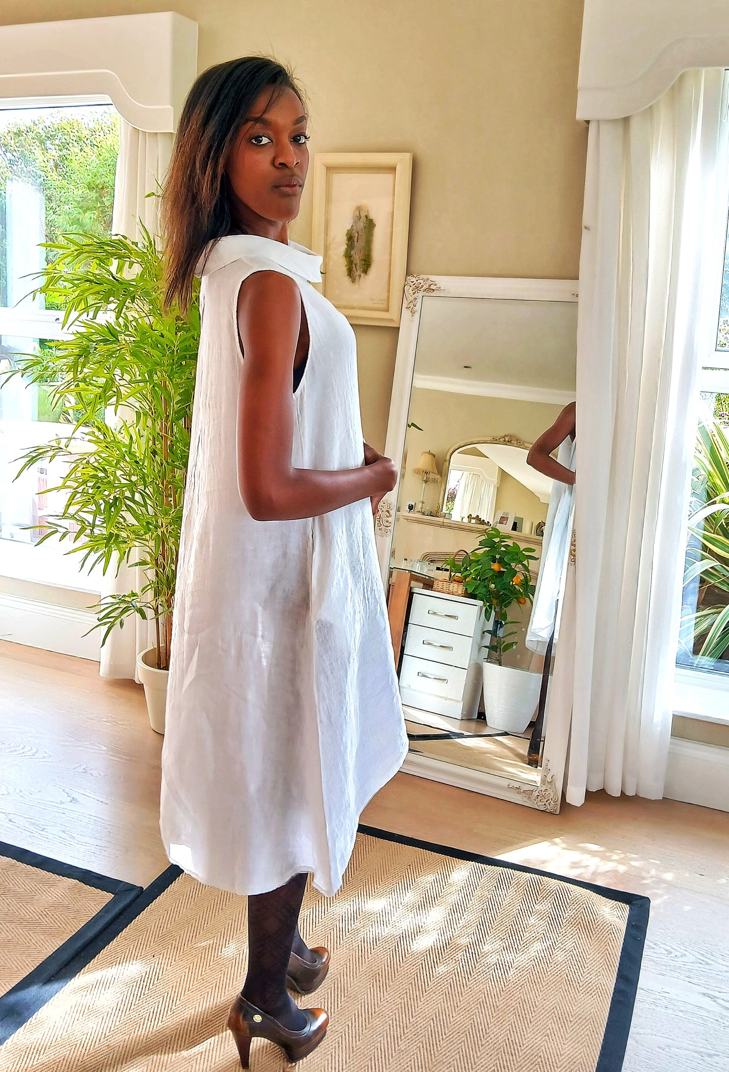 CECILE WANG 100% Linen Short Sleeveless Garden Party Dress; Colour ; White