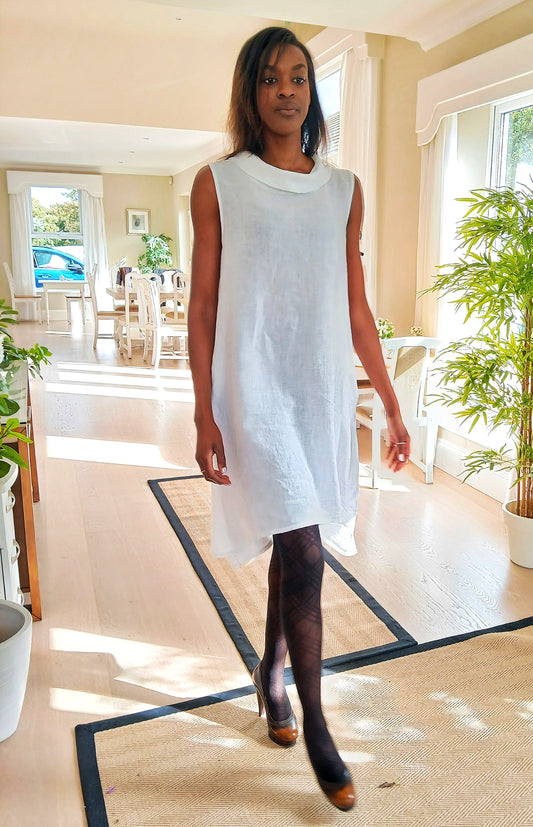 CECILE WANG 100% Linen Short Sleeveless Garden Party Dress; Colour ; White