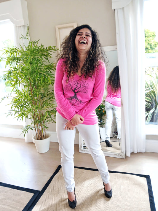 LINEN AND COTTON Angora Lurex Wool Sweater.  Tree of Life Long Sleeve Shirt Colour Fuxia/Cherry Pink  One Size