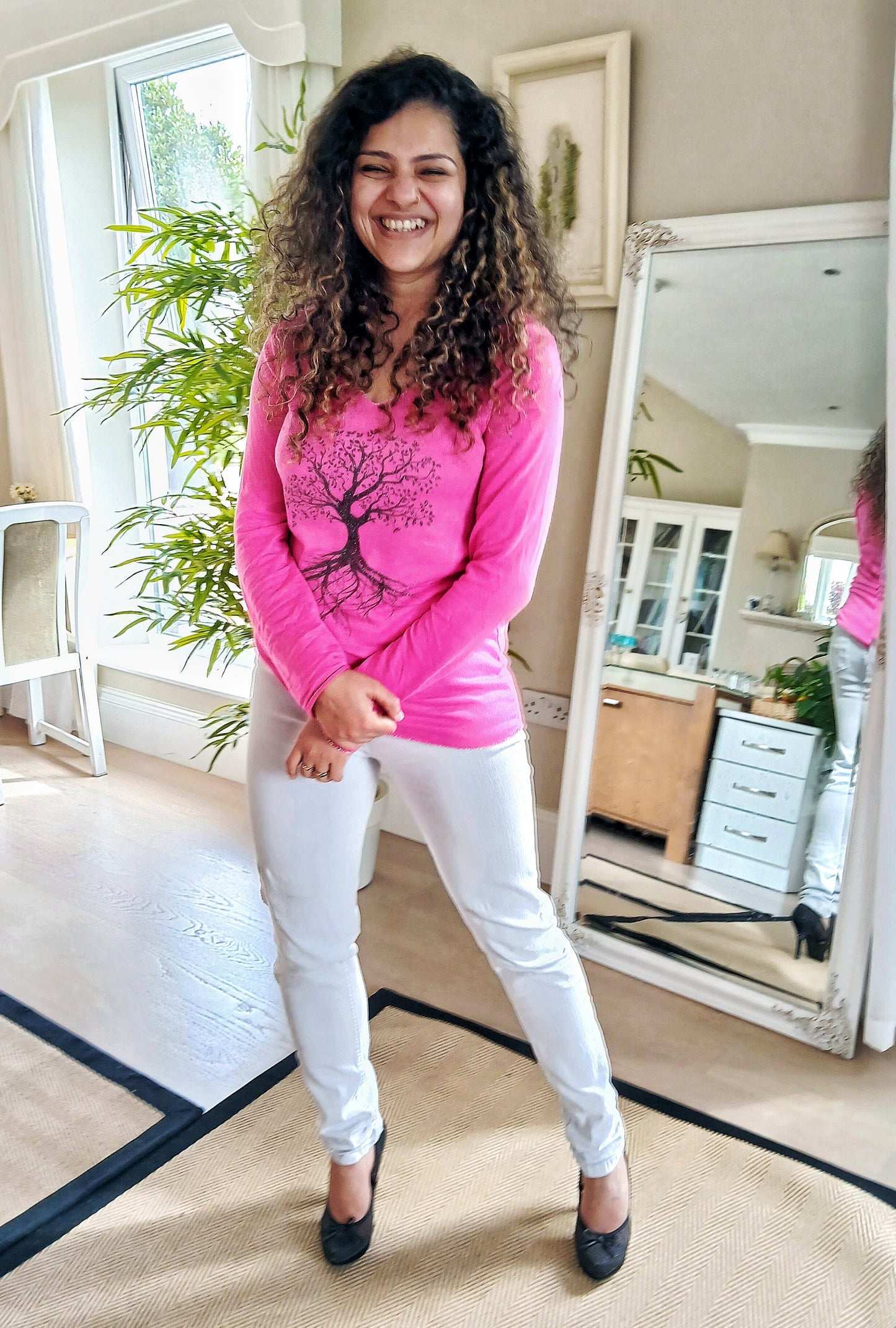 LINEN AND COTTON Angora Lurex Wool Sweater.  Tree of Life Long Sleeve Shirt Colour Fuxia/Cherry Pink  One Size