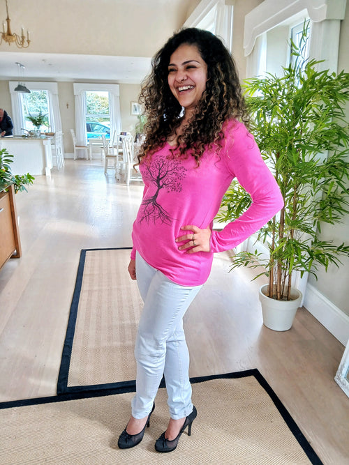 LINEN AND COTTON Angora Lurex Wool Sweater.  Tree of Life Long Sleeve Shirt Colour Fuxia/Cherry Pink  One Size