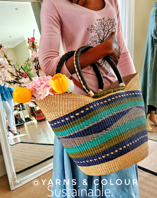 Medium Green, Yellow & Blue Multi Colour U-Shopper Ghana Bolga Tote Bag/Basket