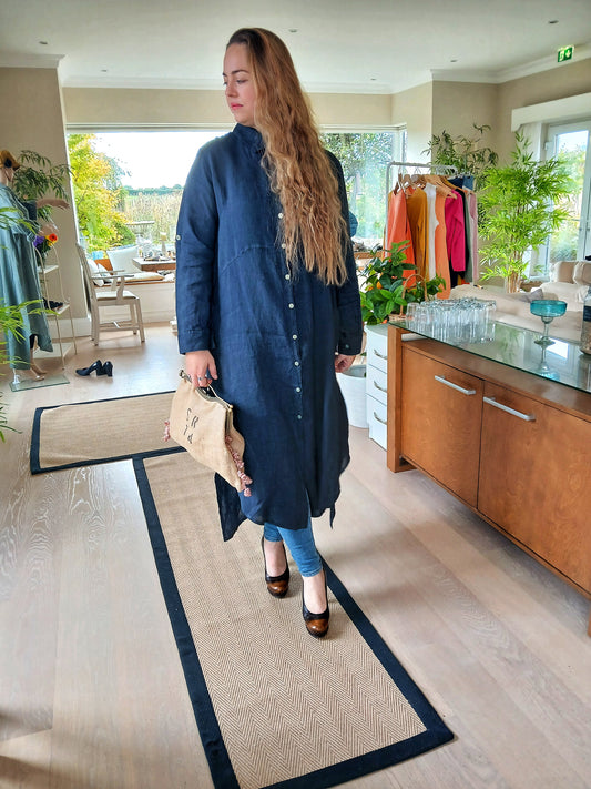 LINEN AND COTTON HOUSE Boho Long Sleeve Maxi Ladies Shirt Dress in 100% Linen Spring Summer Clothing NAVY
