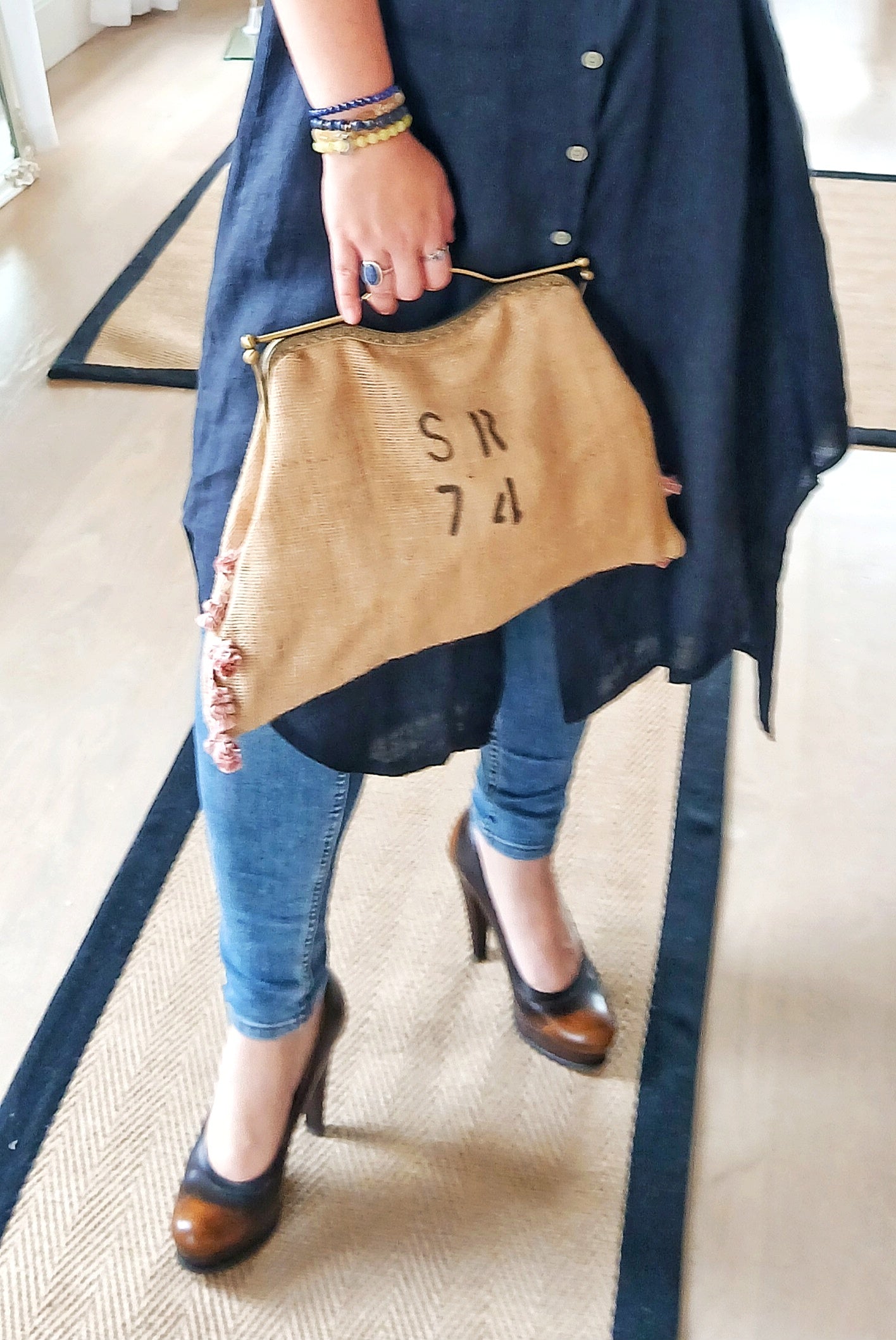 SOLE RODRIGUEZ SR74 Tassled Shabby Chic Handmade Hand Crafted Yuta Bassoon Purse Bag, with Trimmings and SR74 Print Design