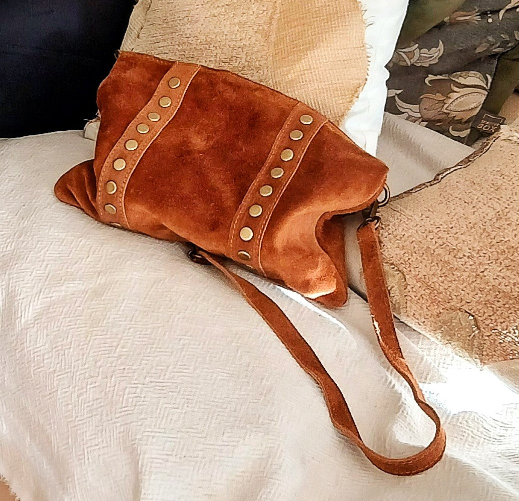 CHENSON & GORETT Brown Suede Italian Leather Shoulder Bag with Studs. Colour Brown