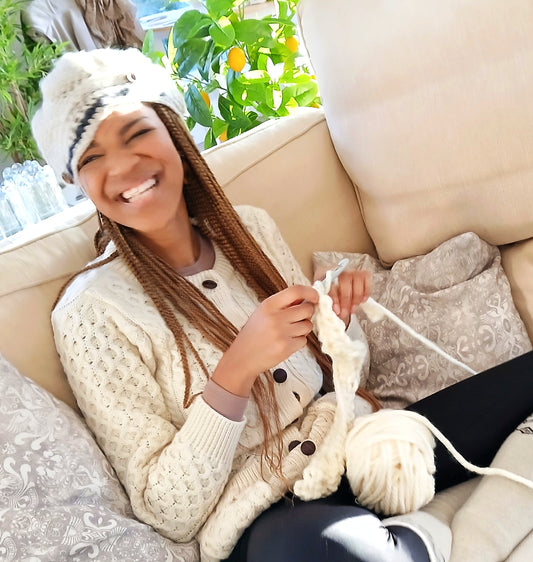 Irish Aran handmade Warm 100% Merino  Wool Carraig Ladies Aran Cardigan - Cream with Flap neck opening