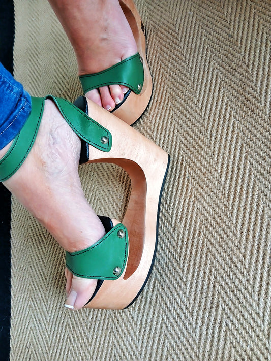 OMES Special Bridge Wood Platform and LeatherSandals S425: Handmade Carved Wooden Heel Leather Mules