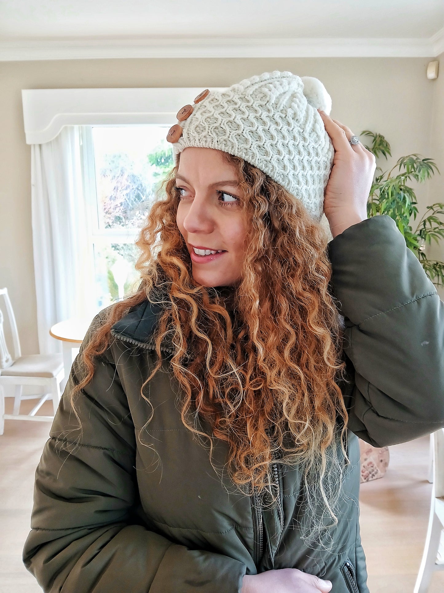 Irish Aran Shrule Aran Hat with Pom Pom pure wool Winter Hat - Cream