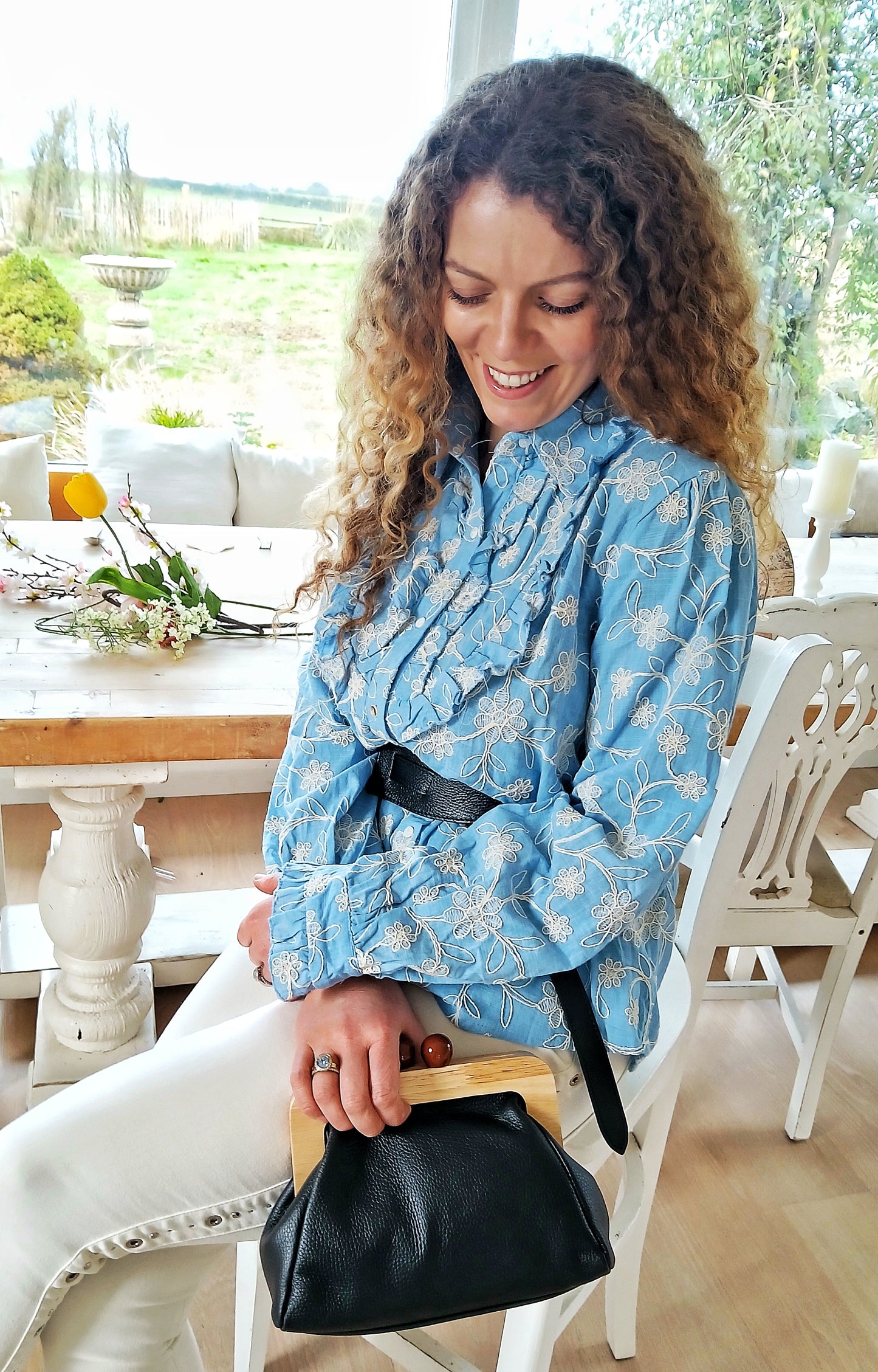 Beautiful Sky Blue Beautifully Embroidered 1Women 100% Cotton Shirt with Ruffles Free Size