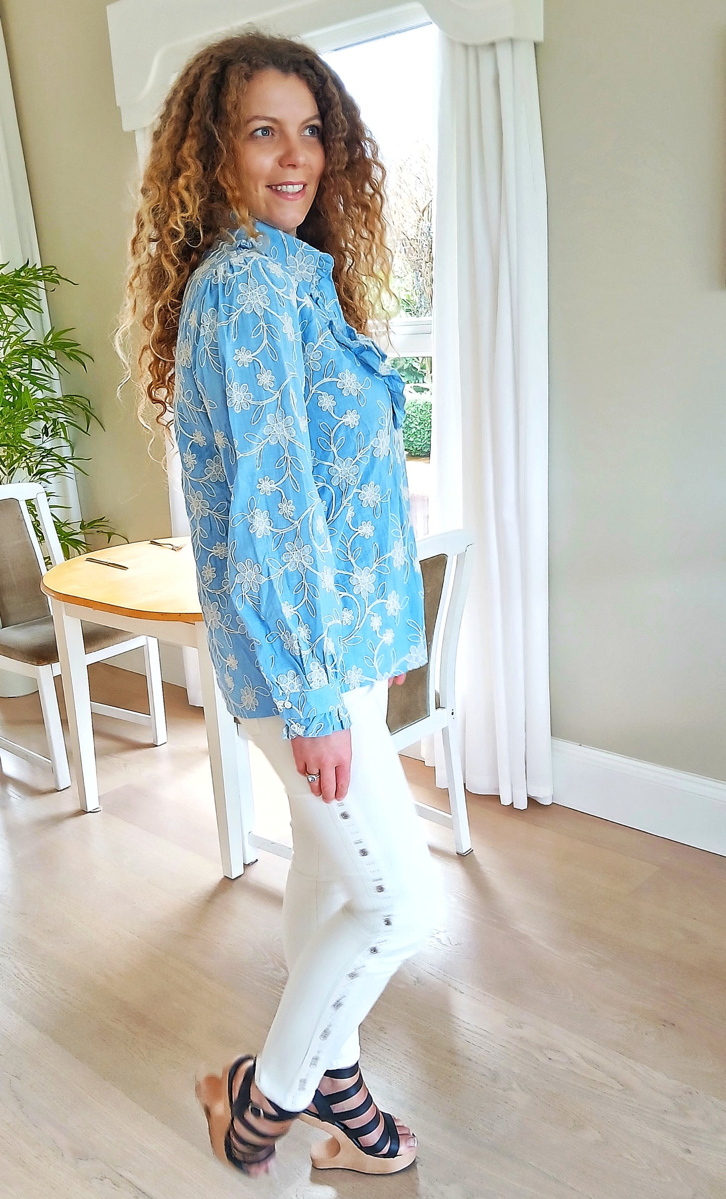 Beautiful Sky Blue Beautifully Embroidered 1Women 100% Cotton Shirt with Ruffles Free Size
