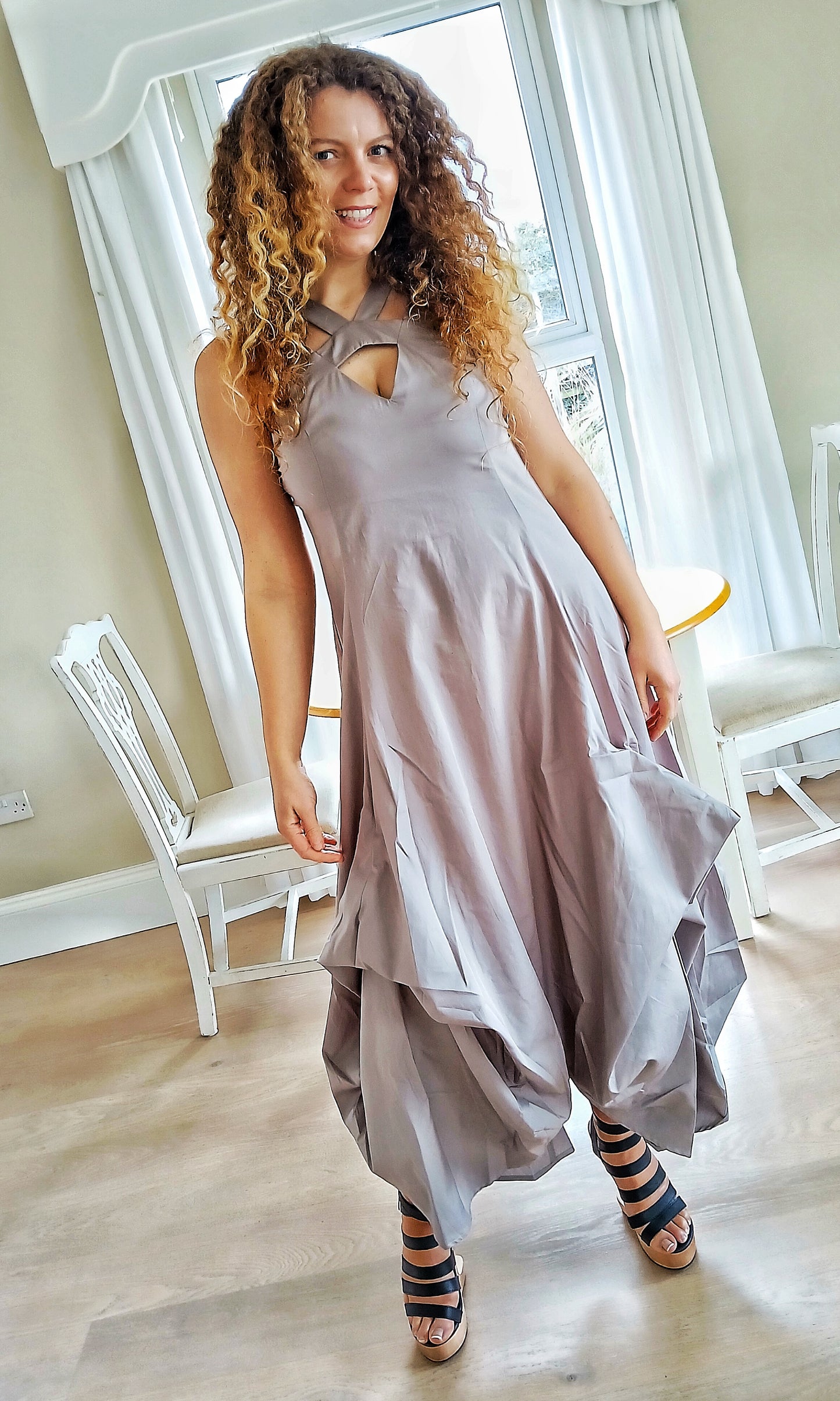 100% Cotton Iconic and Stylish Strapped Sleeveless Asymmetrical Dress with Cage Straps Grey Large Size