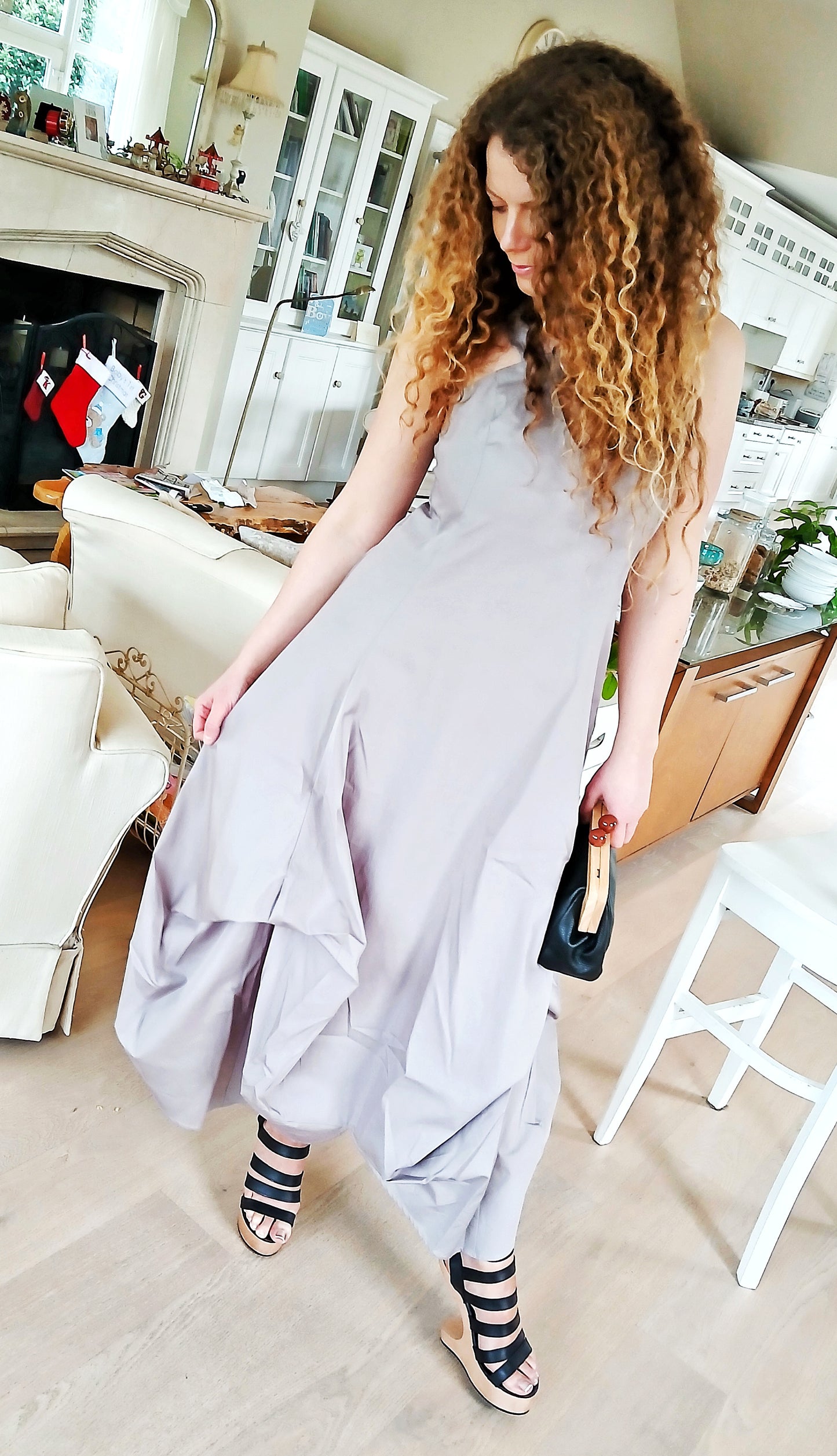 100% Cotton Iconic and Stylish Strapped Sleeveless Asymmetrical Dress with Cage Straps Grey Large Size