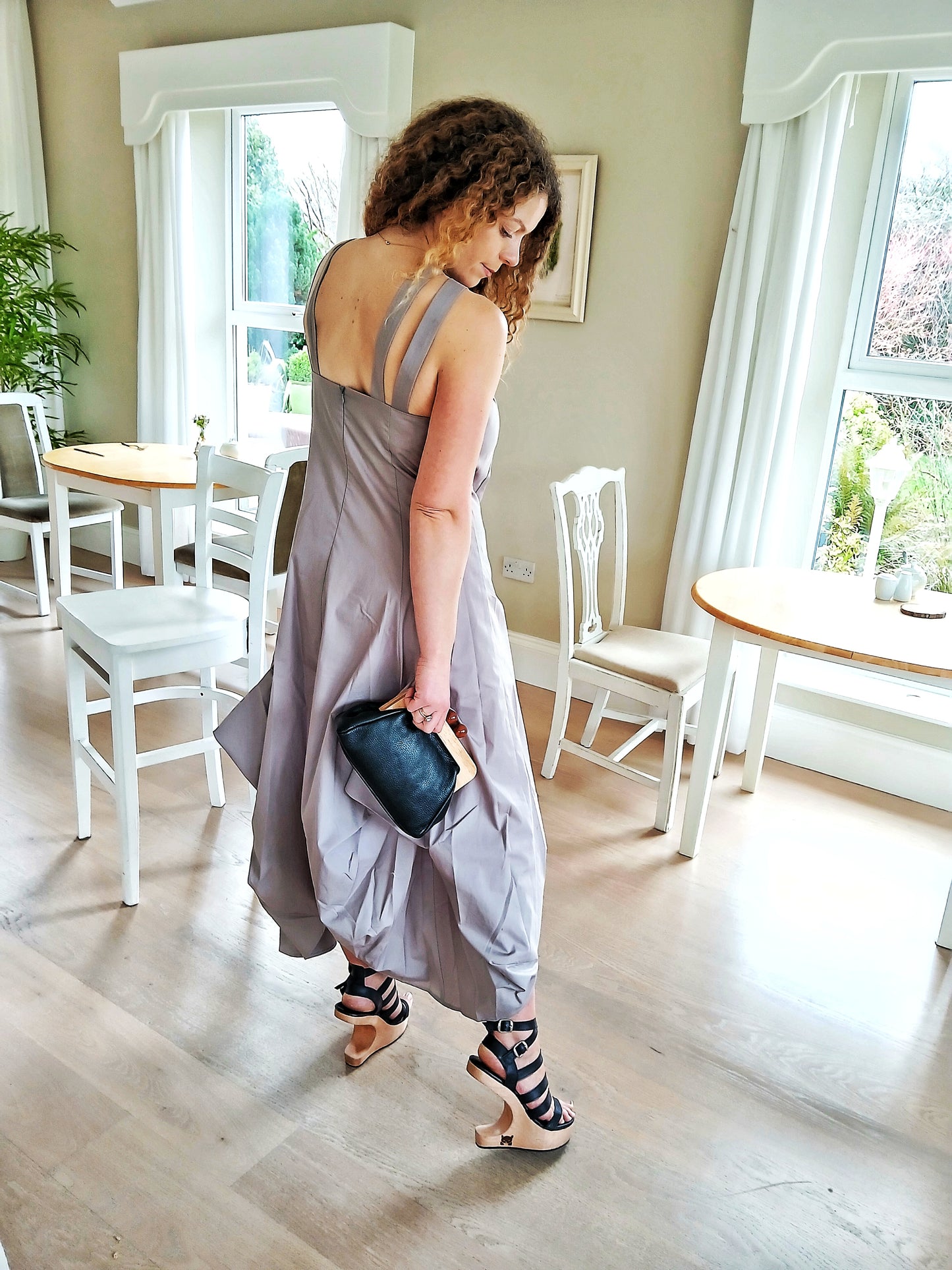 100% Cotton Iconic and Stylish Strapped Sleeveless Asymmetrical Dress with Cage Straps Grey Large Size