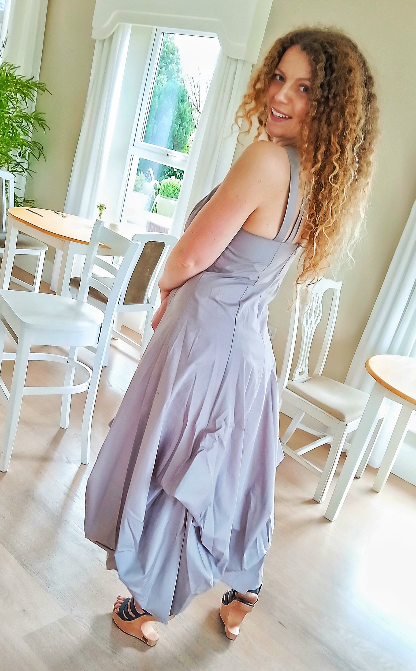 100% Cotton Iconic and Stylish Strapped Sleeveless Asymmetrical Dress with Cage Straps Grey Large Size