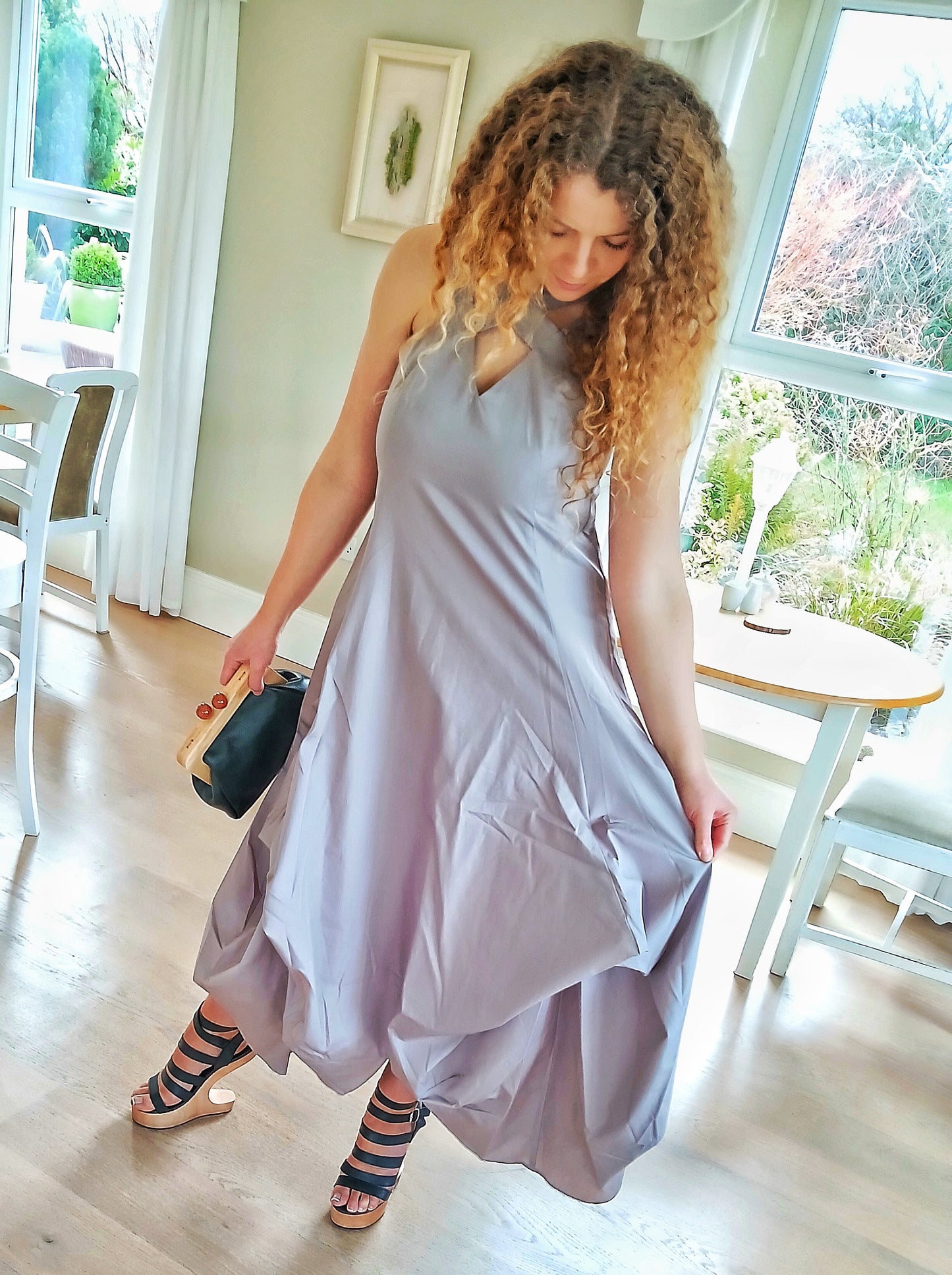 100% Cotton Iconic and Stylish Strapped Sleeveless Asymmetrical Dress with Cage Straps Grey Large Size