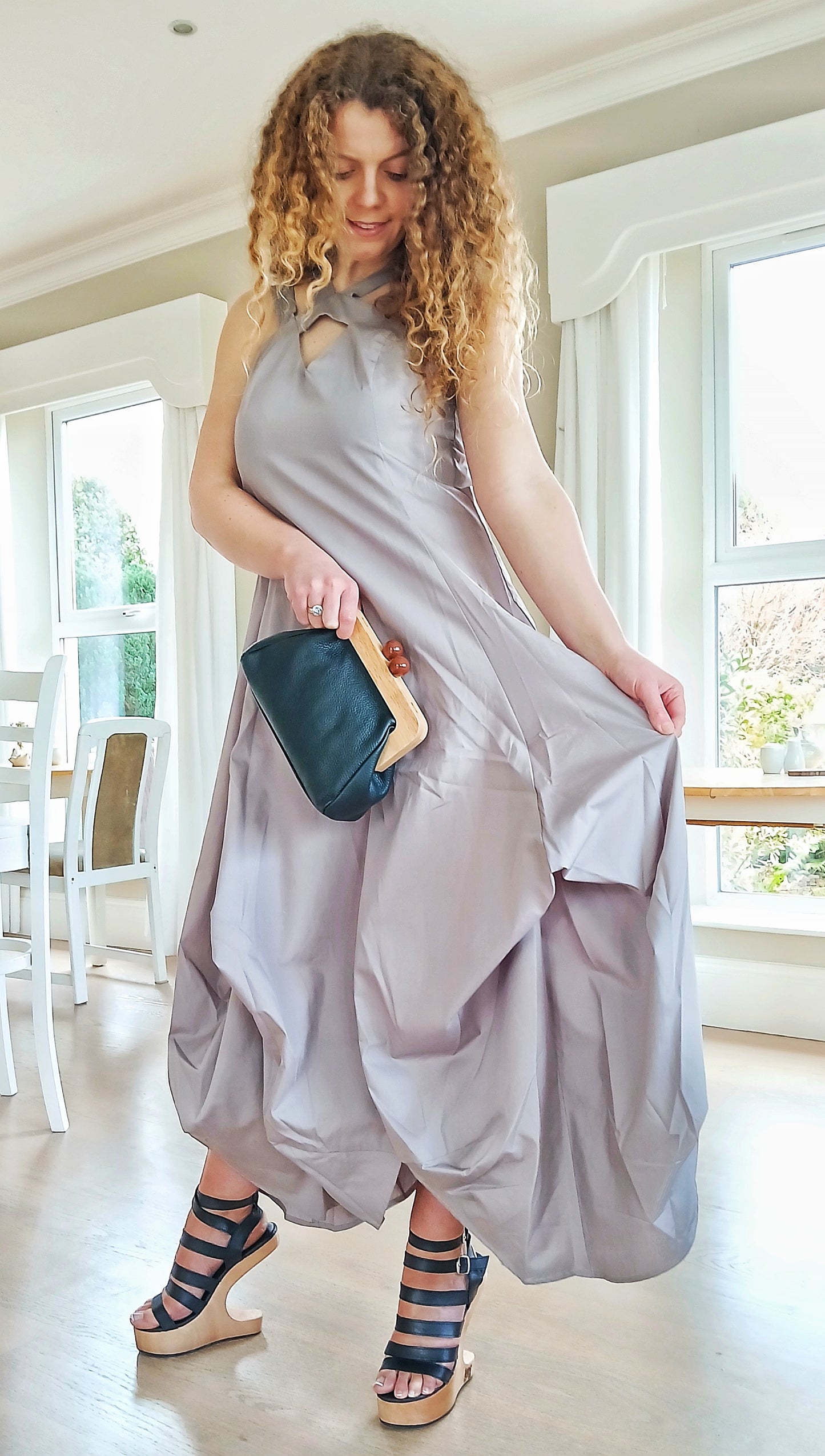 100% Cotton Iconic and Stylish Strapped Sleeveless Asymmetrical Dress with Cage Straps Grey Large Size