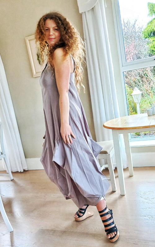 100% Cotton Iconic and Stylish Strapped Sleeveless Asymmetrical Dress with Cage Straps Grey Large Size