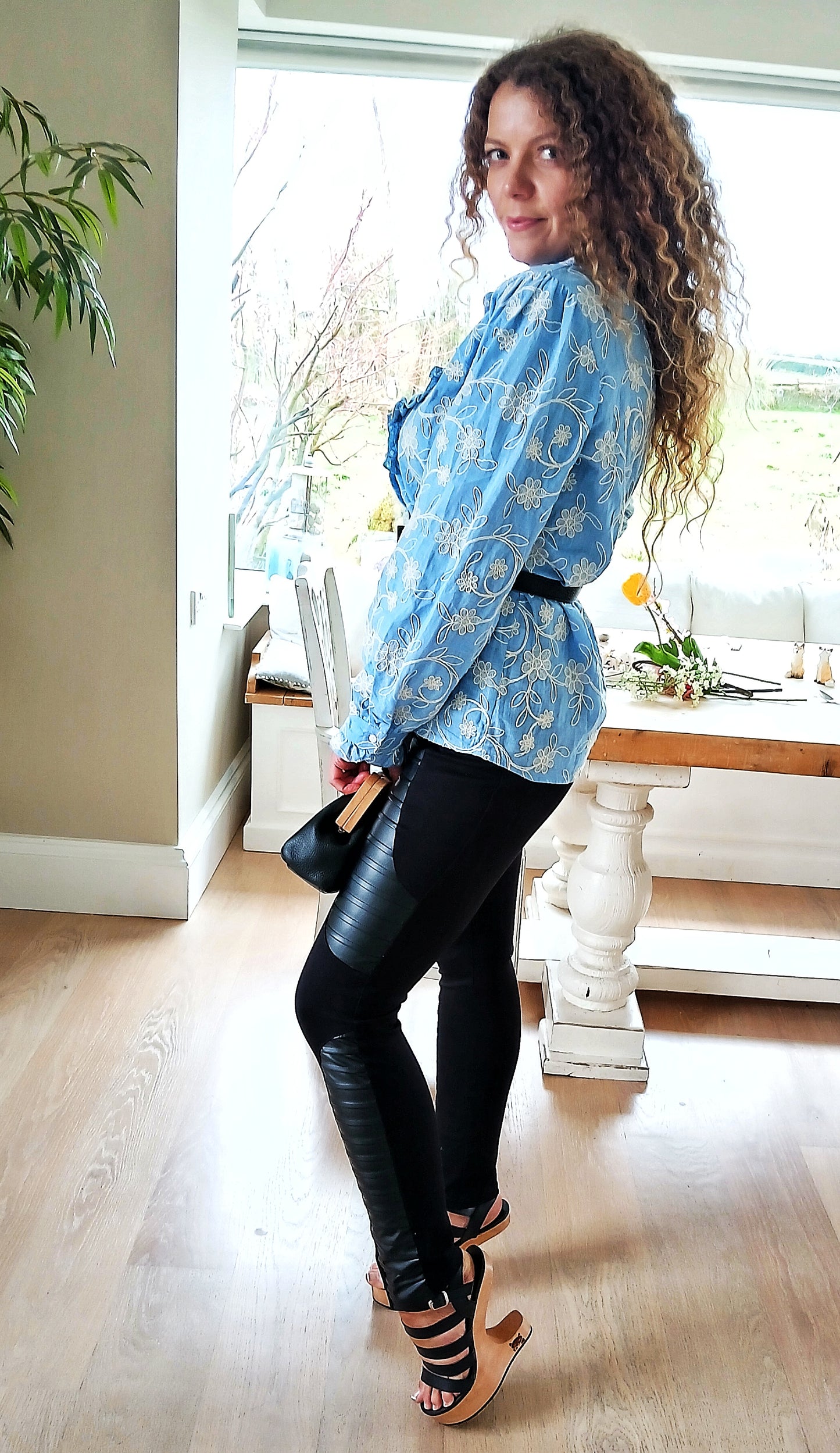 Beautiful Sky Blue Beautifully Embroidered 1Women 100% Cotton Shirt with Ruffles Free Size