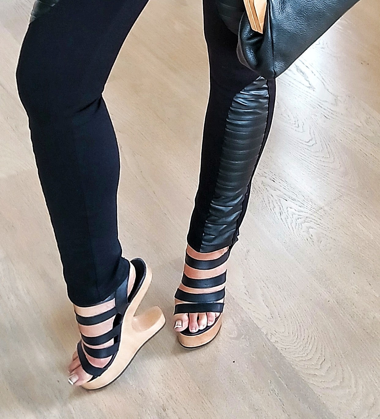 OMES Iconic Wow Factor Celebrity  ladies Gladiator Sandal Clog  shoe High Heel Strap lack. Handmade in Leather and real wood. Black