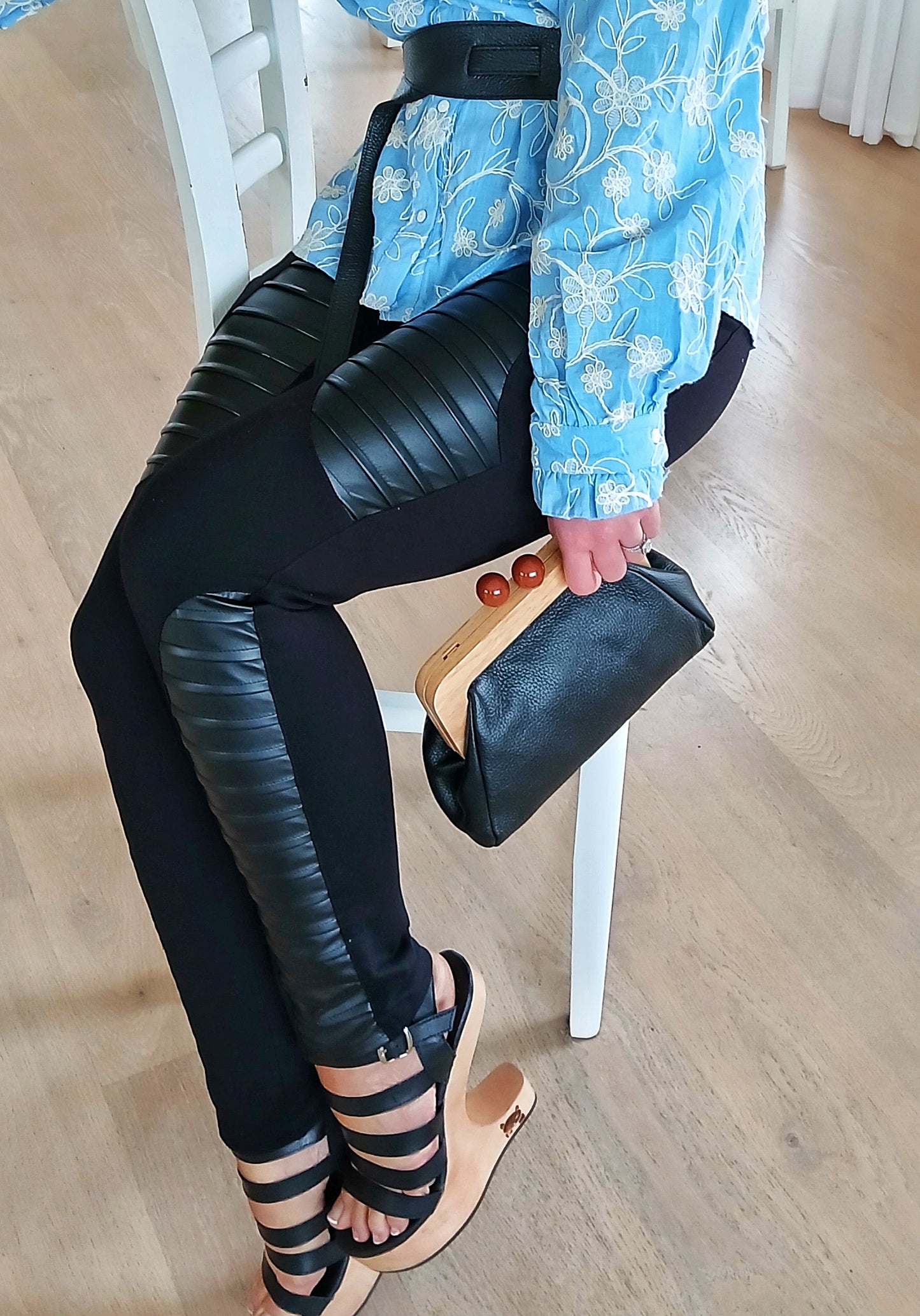 OMES Iconic Wow Factor Celebrity  ladies Gladiator Sandal Clog  shoe High Heel Strap lack. Handmade in Leather and real wood. Black