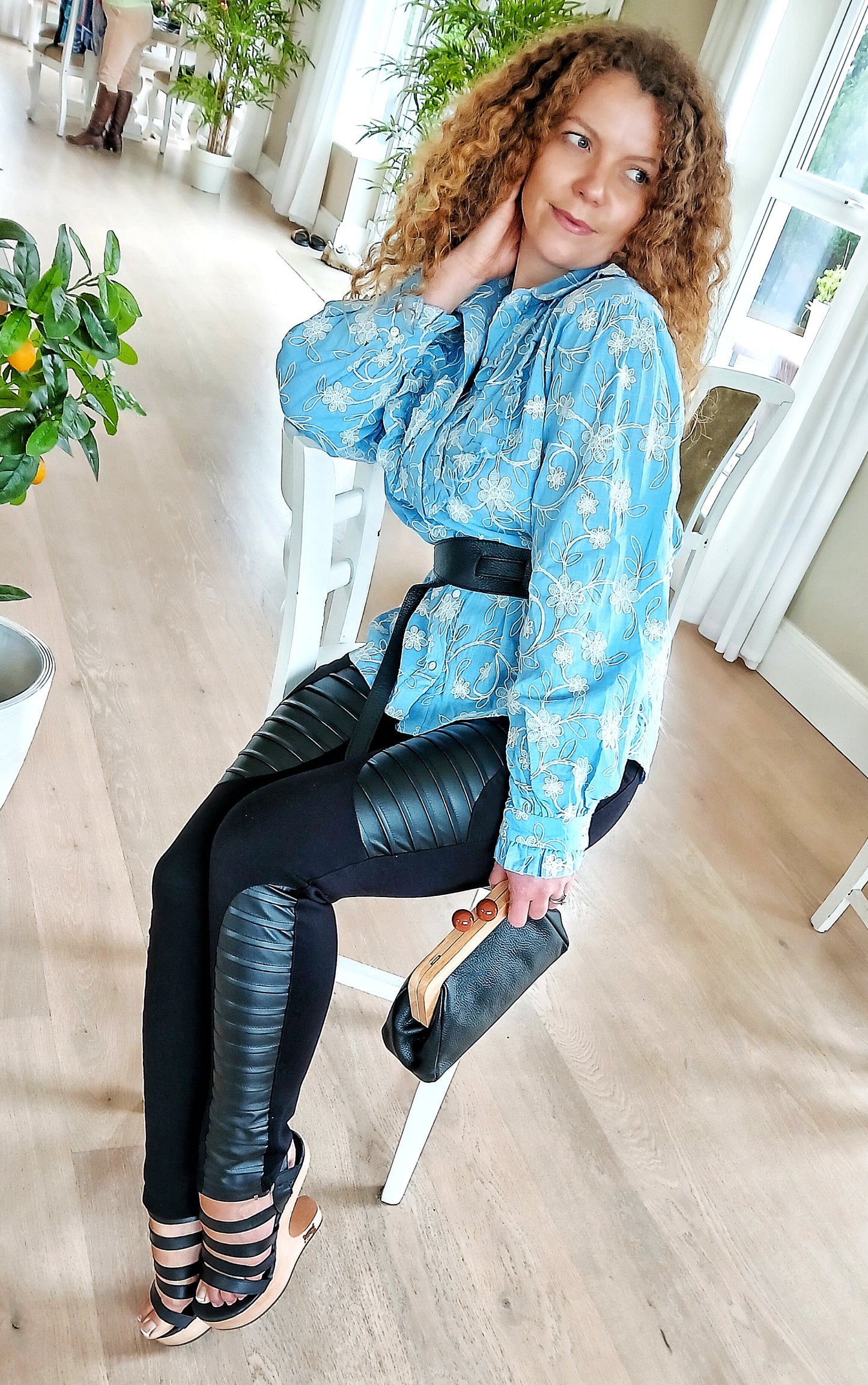 Beautiful Sky Blue Beautifully Embroidered 1Women 100% Cotton Shirt with Ruffles Free Size