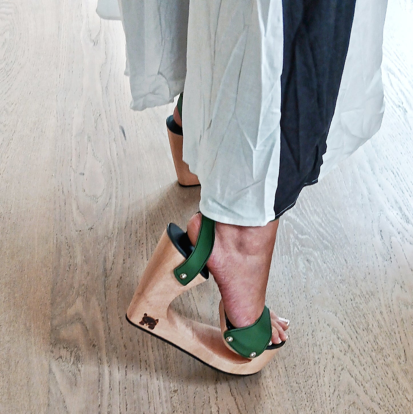OMES Special Bridge Wood Platform and LeatherSandals S425: Handmade Carved Wooden Heel Leather Mules