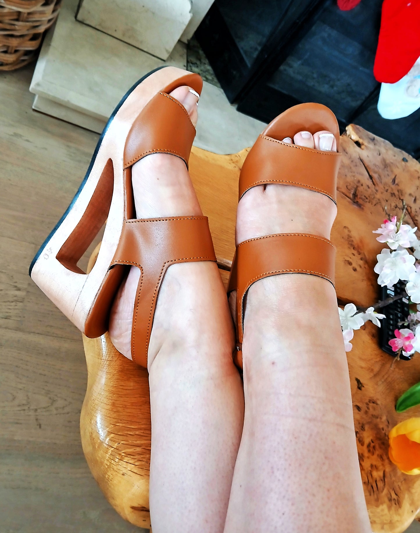 OMES Beautiful Ladies real Handmade Carved Wood mid high Heel Slip-On Clog sandal shoe Brown