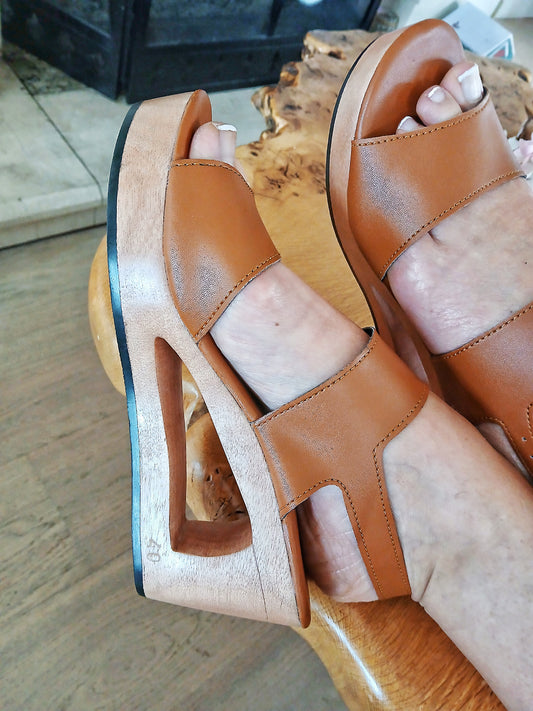 OMES Beautiful Ladies real Handmade Carved Wood mid high Heel Slip-On Clog sandal shoe Brown