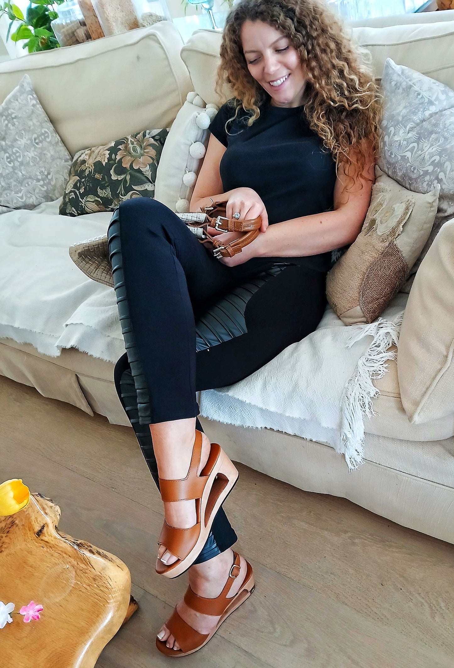 OMES Beautiful Ladies real Handmade Carved Wood mid high Heel Slip-On Clog sandal shoe Brown