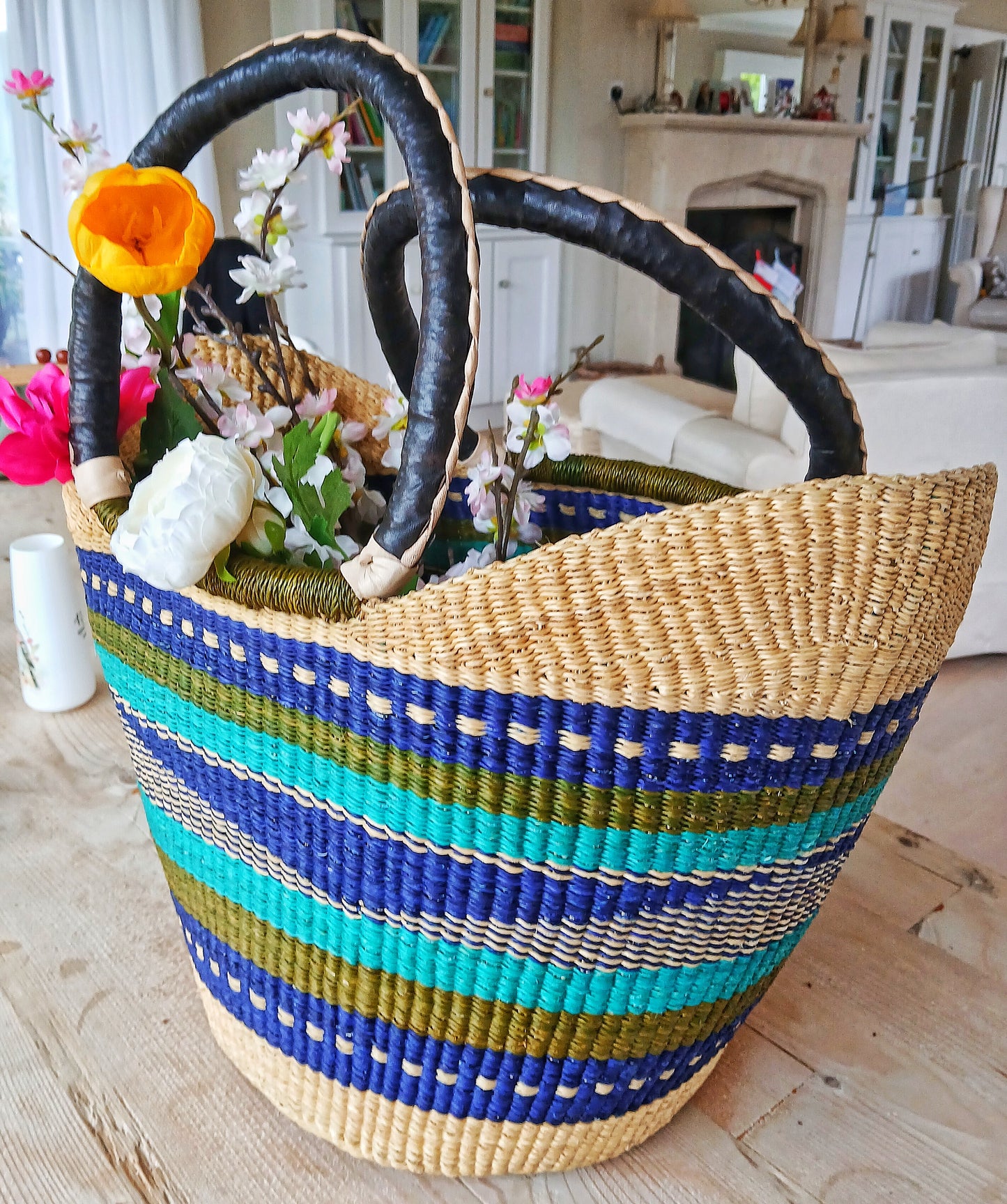 Large Green, Yellow & Blue Multi Colour U-Shopper Ghana Bolga Tote Bag/Basket (Copy)