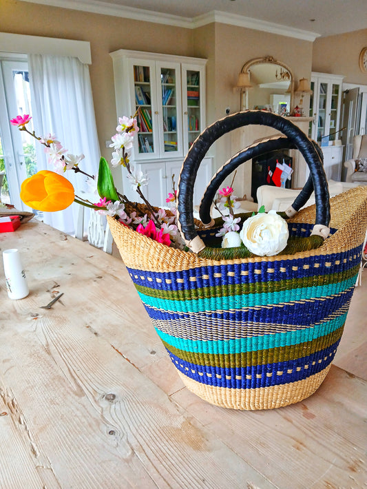 Large Green, Yellow & Blue Multi Colour U-Shopper Ghana Bolga Tote Bag/Basket (Copy)